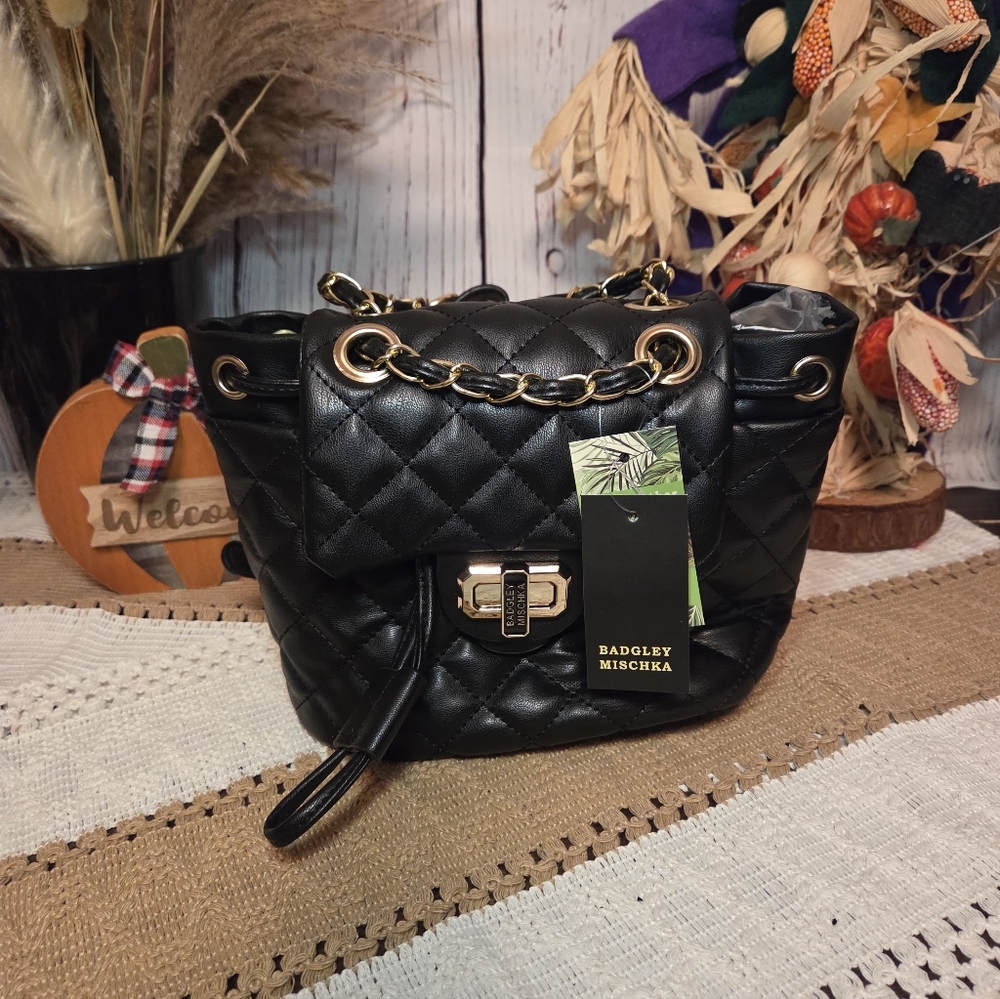 Badgley Mischka Black Quilted Drawstring Backpack with Gold Chain